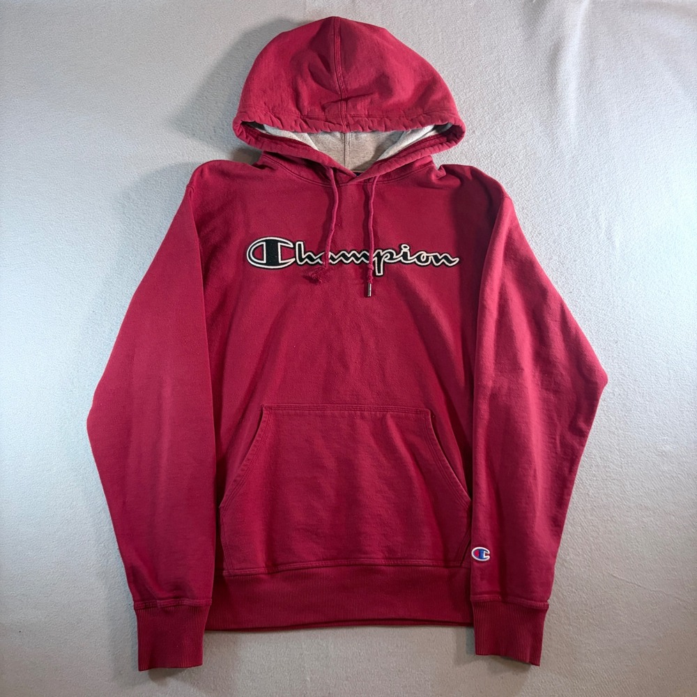 Champion Kids Maroon Script Logo Pullover Hoodie Sweatshirt Size M Burgundy